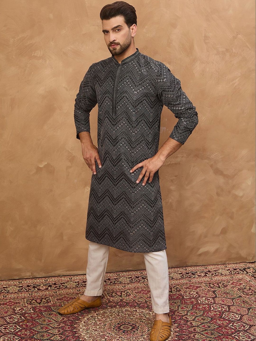 Ethnic Bay Men Black Silk Blend Geometric Printed Straight Kurta With Pant Set-MKSET1520