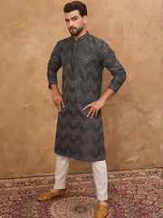 Ethnic Bay Men Black Silk Blend Geometric Printed Straight Kurta With Pant Set-MKSET1520