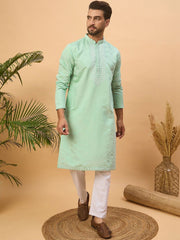 Ethnic Bay Men Blue Silk Blend Solid Embroidered Straight Kurta With Pant Set-MKSET1508