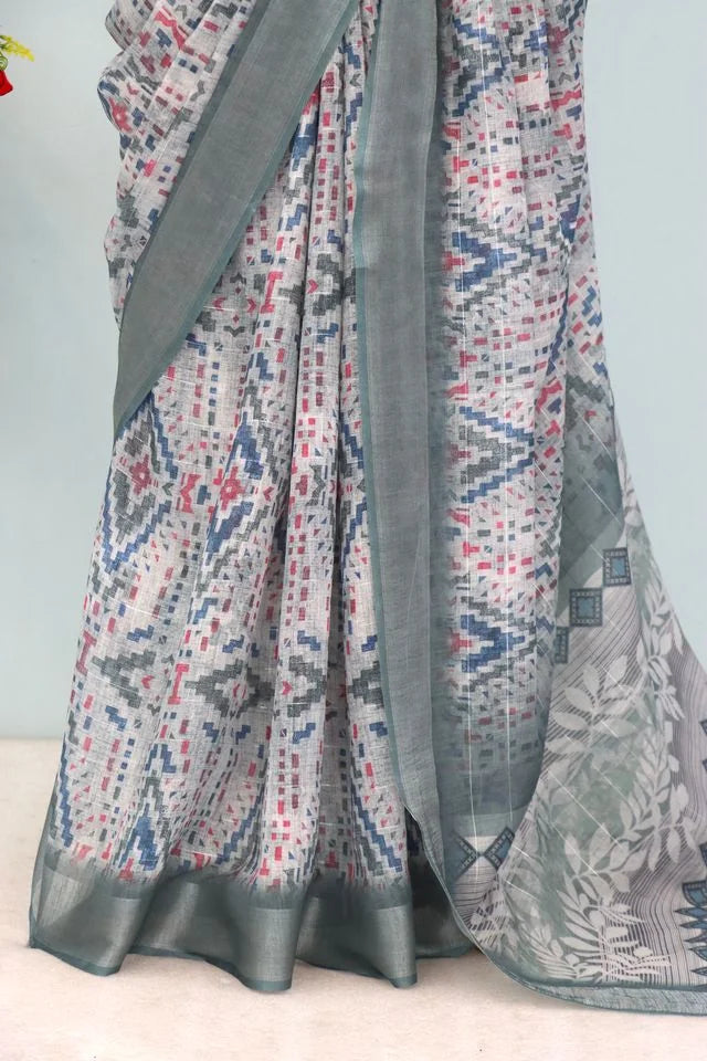 Linen Digital Print Grey Saree With Unstiched Blouse Piece