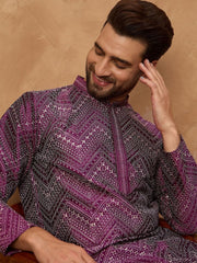 Ethnic Bay Men Purple Silk Blend Geometric Printed Straight Kurta With Pant Set-MKSET1521