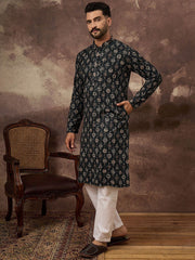 Ethnic Bay Men Black Viscose Rayon Geometric Embroidered Straight Kurta With Pant Set-MKSET1403