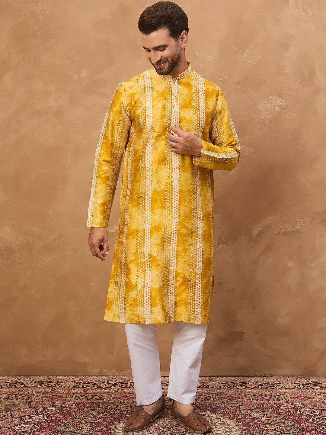 Ethnic Bay Men Yellow Silk Blend Shibori Embroidered Straight Kurta With Pant Set-MKSET1540