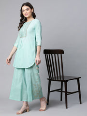 Teal Pure Cotton Gold Foil Printed Pakistani Style Kurta Palazzo Set-AHTUPZ-COMBO-492