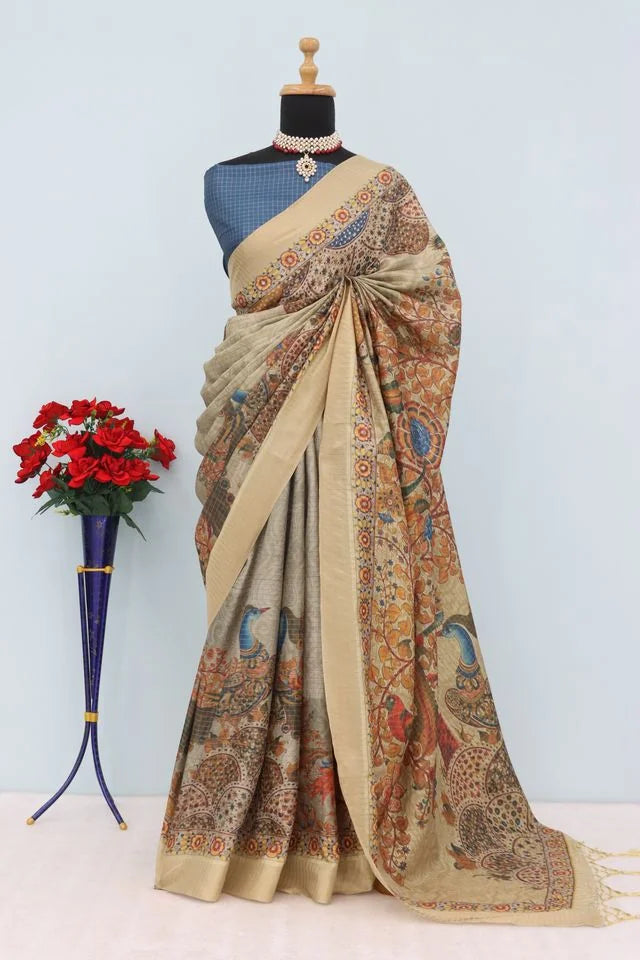 Mysore Silk Digital Print Beige Saree With Unstiched Blouse Piece-MPHMS-07-BEIGE