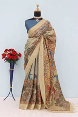 Mysore Silk Digital Print Beige Saree With Unstiched Blouse Piece-MPHMS-07-BEIGE