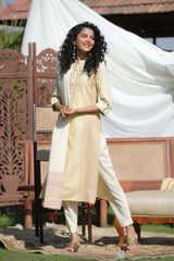 Ivory Rayon Straight Kurta Pant Dupatta Set with Mask