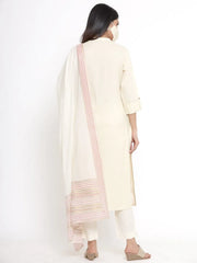 Ivory Rayon Straight Kurta Pant Dupatta Set with Mask