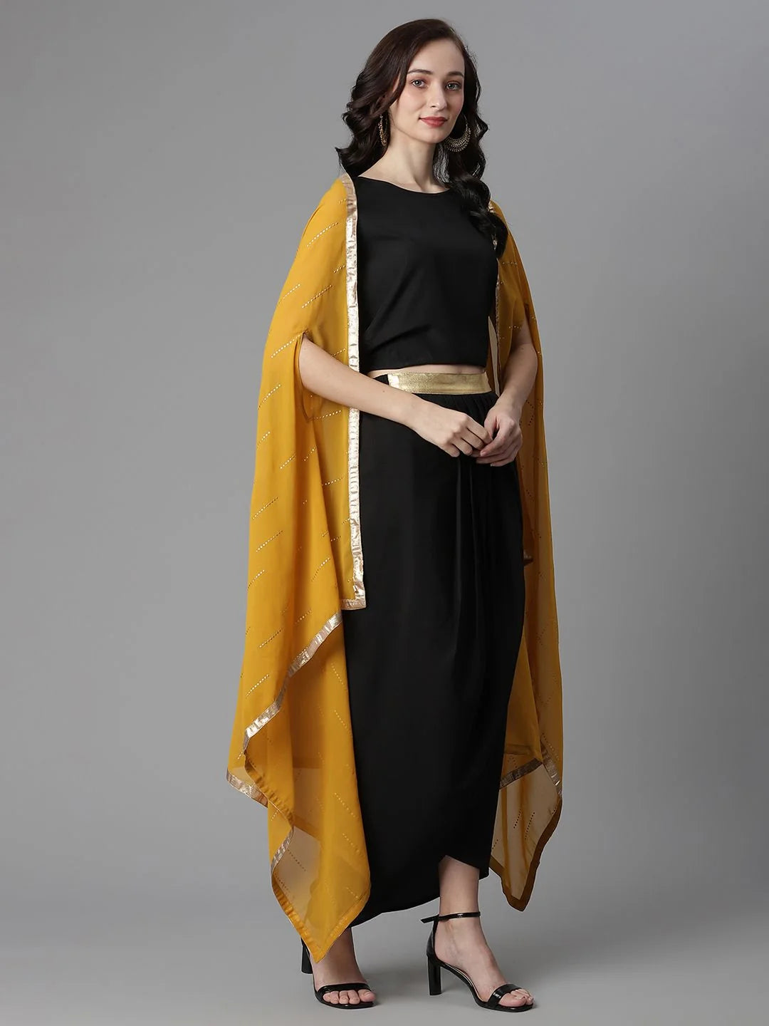 Black Solid Top & Skirt with Shrug - Women's Lehenga
