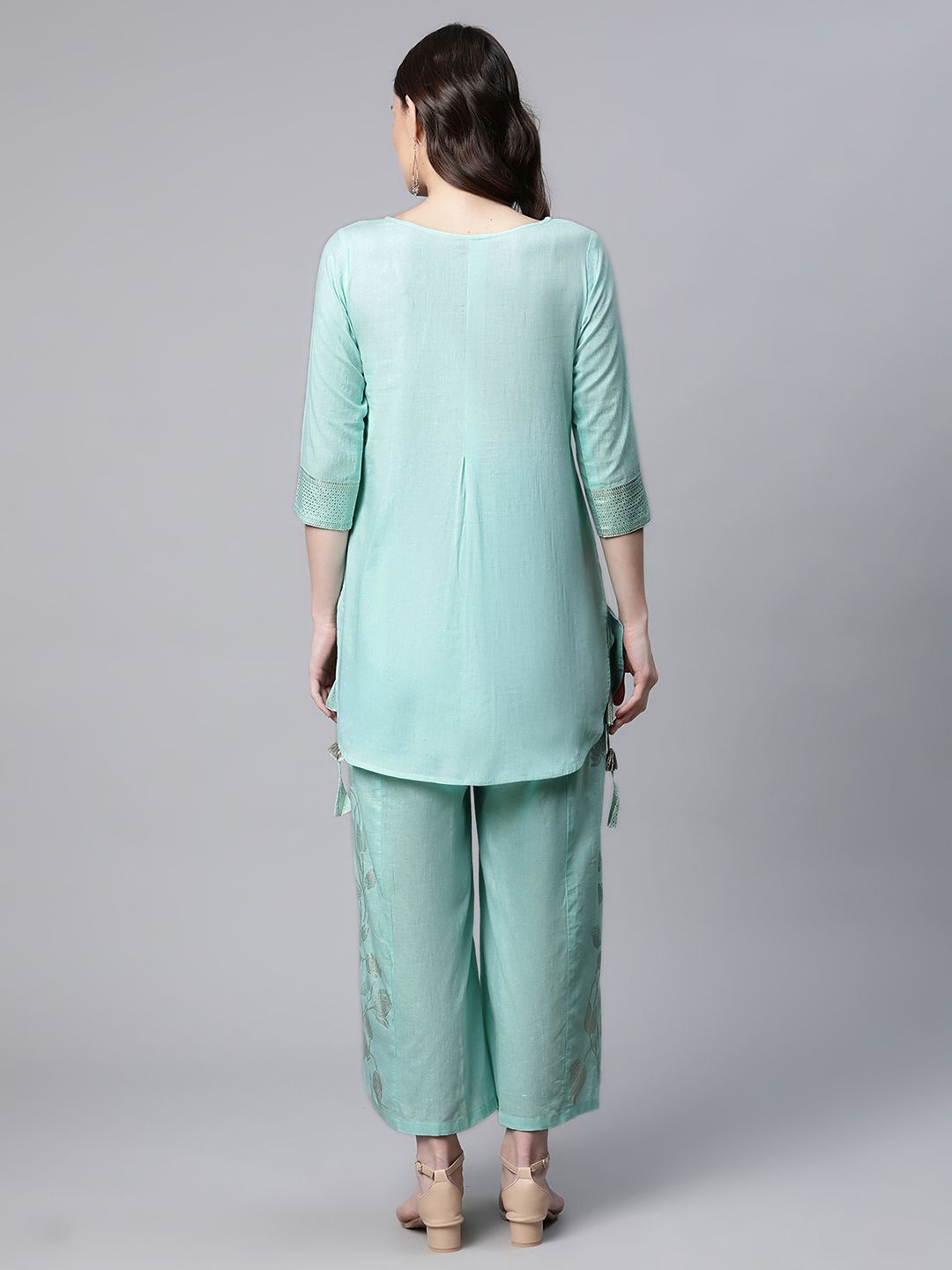 Teal Cotton Gold Foil Printed Pakistani Kurta Palazzo Set