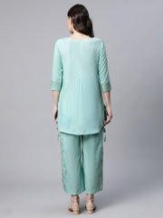 Teal Pure Cotton Gold Foil Printed Pakistani Style Kurta Palazzo Set-AHTUPZ-COMBO-492