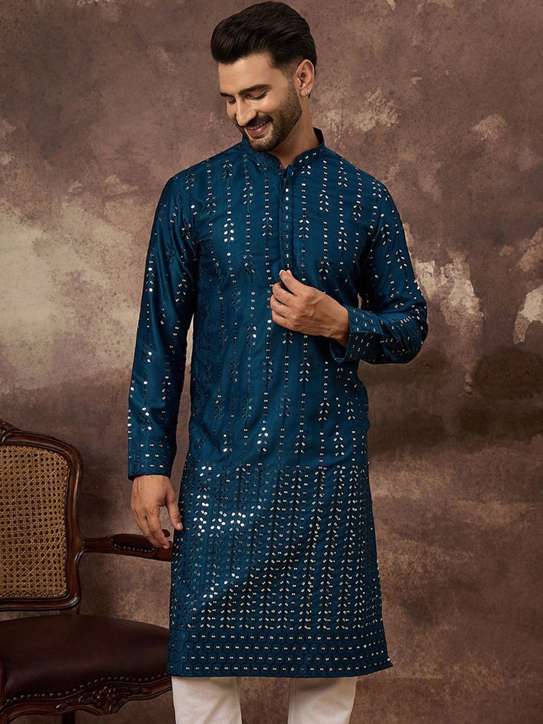 Ethnic Bay Men Blue Silk Blend Solid Embroidered Straight Kurta With Pant Set-MKSET1358