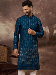 Ethnic Bay Men Blue Silk Blend Solid Embroidered Straight Kurta With Pant Set-MKSET1358