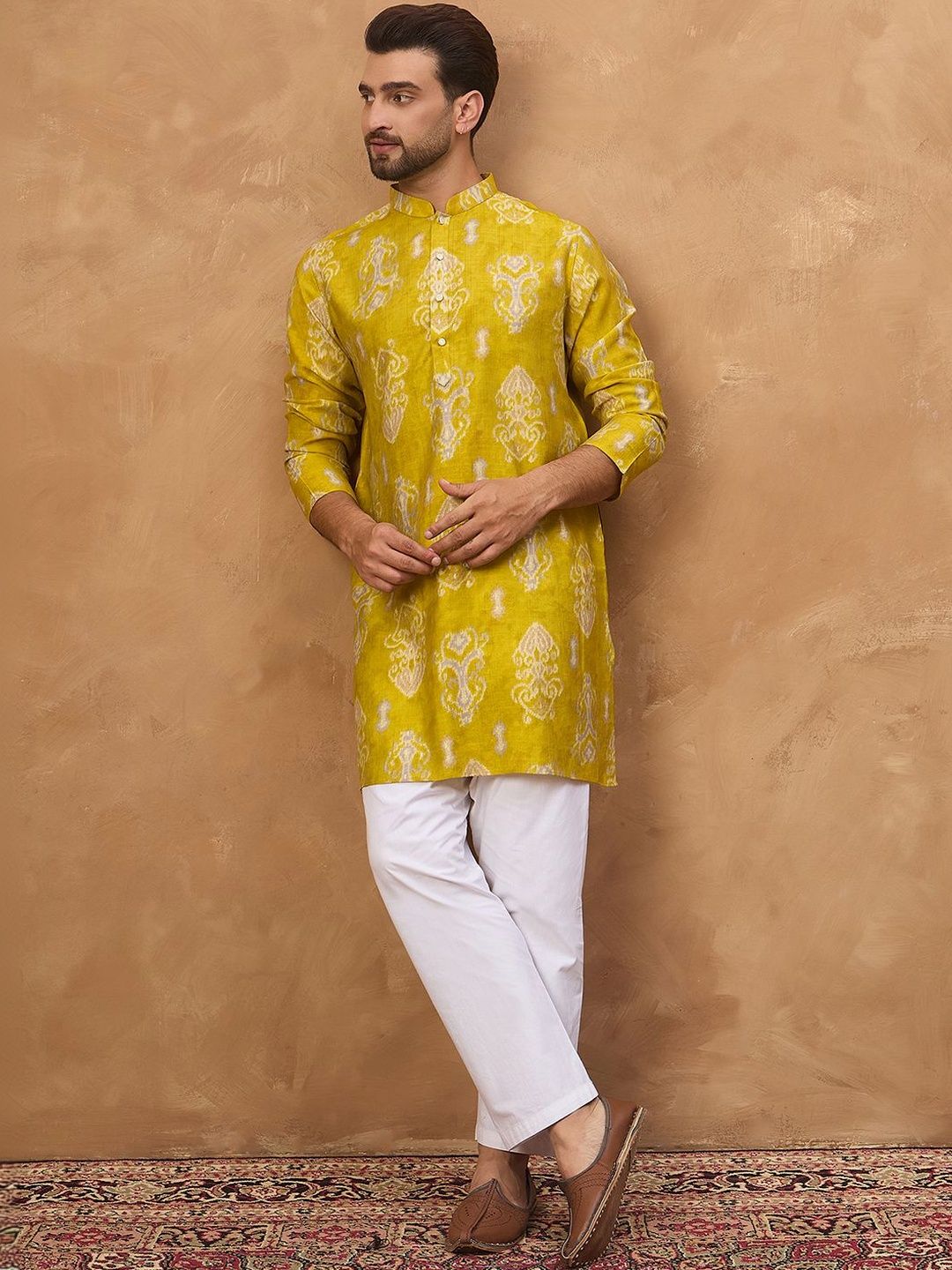 Ethnic Bay Men Yellow Viscose Rayon Ikat Printed Straight Kurta With Pant Set-MKSET1543