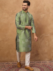 Ethnic Bay Men Green Silk Blend Geometric Printed Straight Kurta With Pant Set-MKSET1530