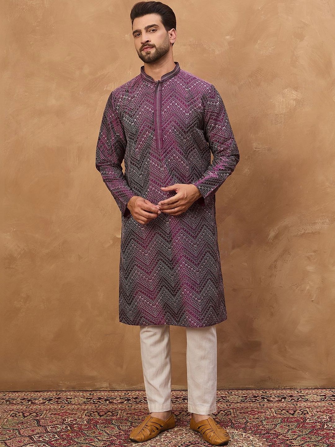 Ethnic Bay Men Purple Silk Blend Geometric Printed Straight Kurta With Pant Set-MKSET1521
