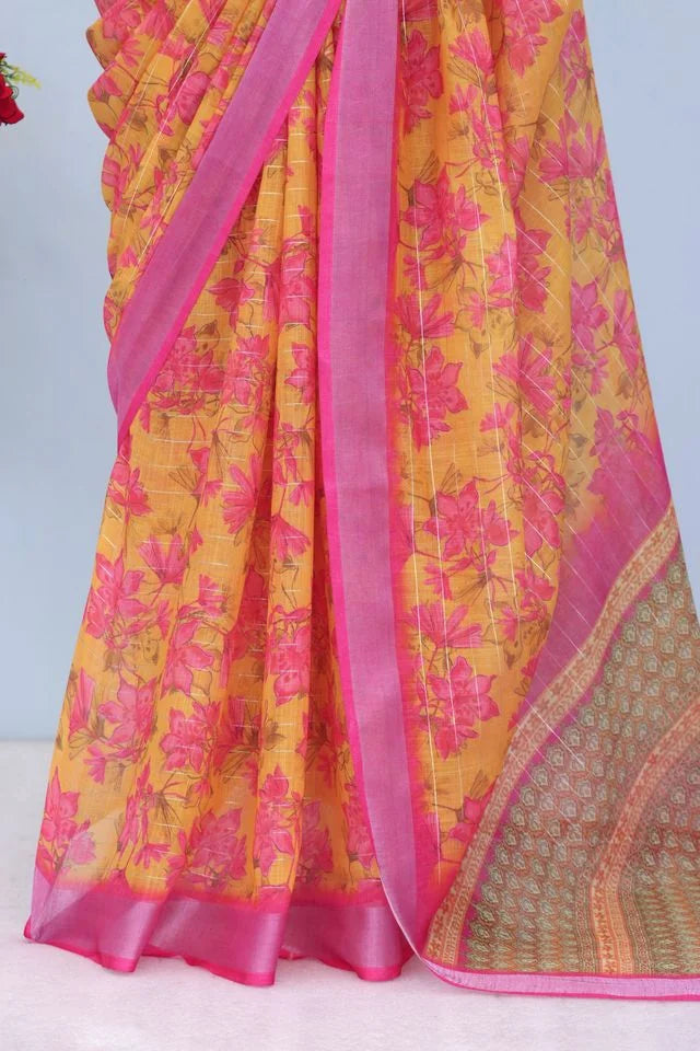 Linen Digital Print Pink Saree With Unstiched Blouse Piece