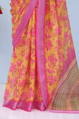 Linen Digital Print Pink Saree With Unstiched Blouse Piece-MPHL-25-PINK