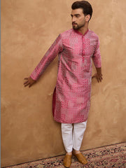 Ethnic Bay Men Pink Silk Blend Geometric Printed Straight Kurta With Pant Set-MKSET1526