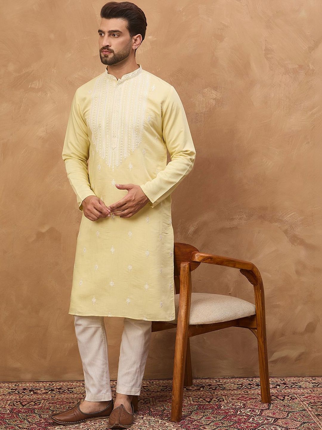 Ethnic Bay Men Yellow Silk Blend Solid Embroidered Straight Kurta With Pant Set-MKSET1509