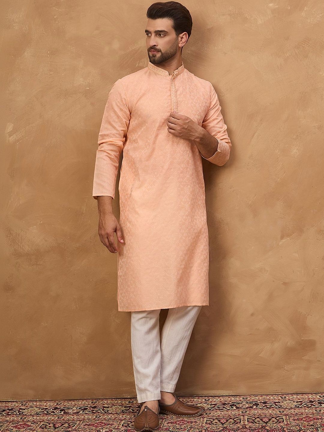 Ethnic Bay Men Peach Silk Blend Solid Embroidered Straight Kurta With Pant Set-MKSET1453