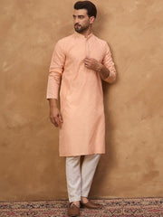 Ethnic Bay Men Peach Silk Blend Solid Embroidered Straight Kurta With Pant Set-MKSET1453