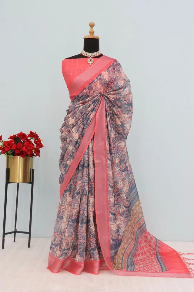 Linen Digital Print Orange Saree With Unstiched Blouse Piece