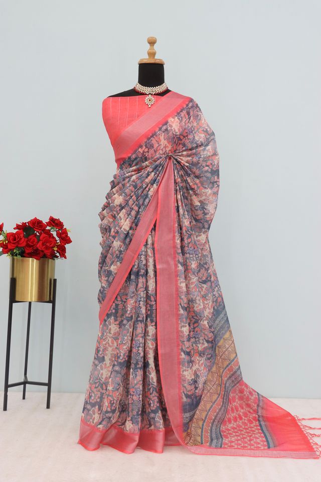 Linen Digital Print Orange Saree With Unstiched Blouse Piece