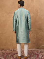 Ethnic Bay Men Blue Silk Blend Solid Woven Design Straight Kurta With Pant Set-MKSET1457