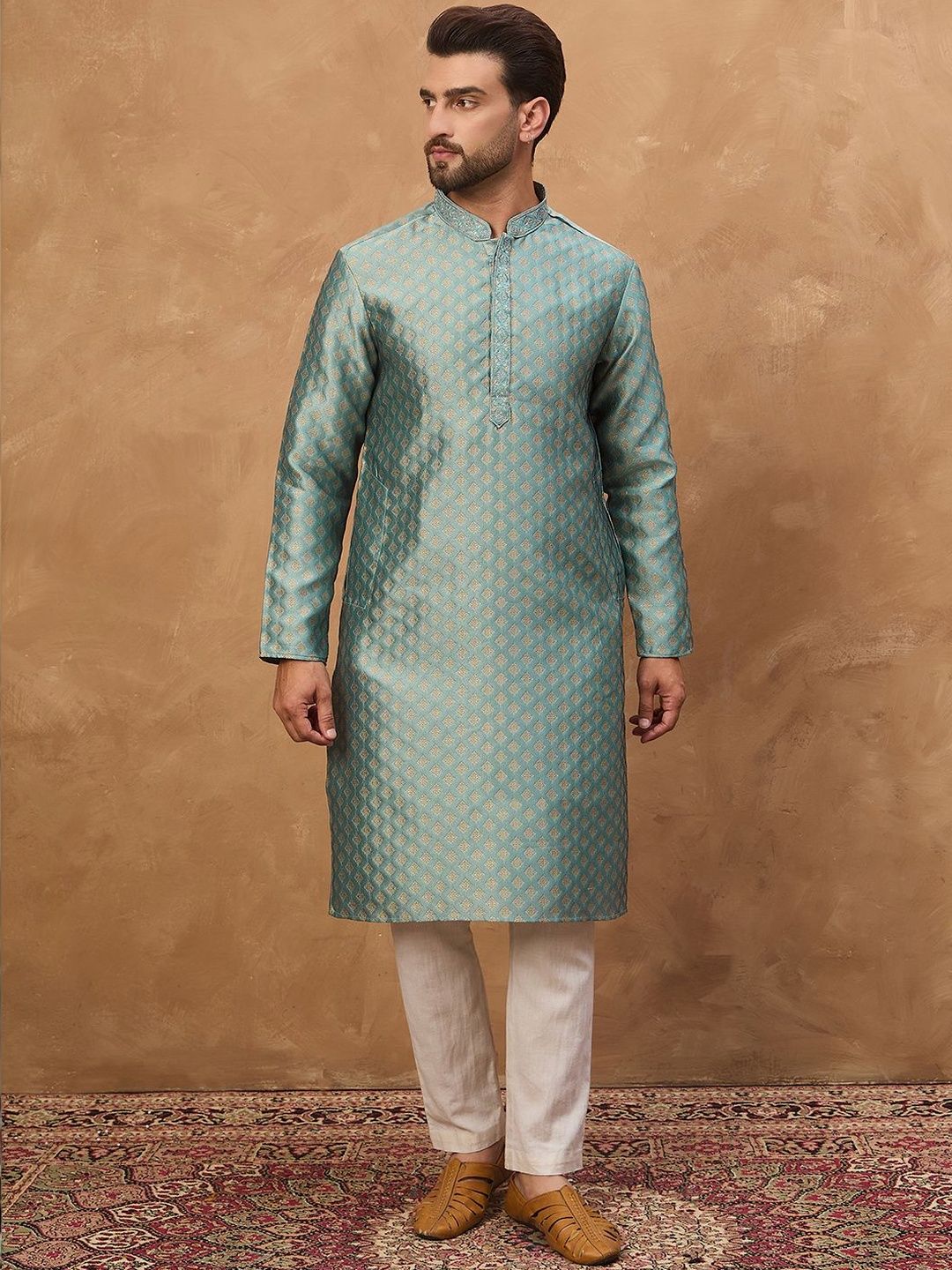 Ethnic Bay Men Blue Silk Blend Solid Woven Design Straight Kurta With Pant Set-MKSET1457