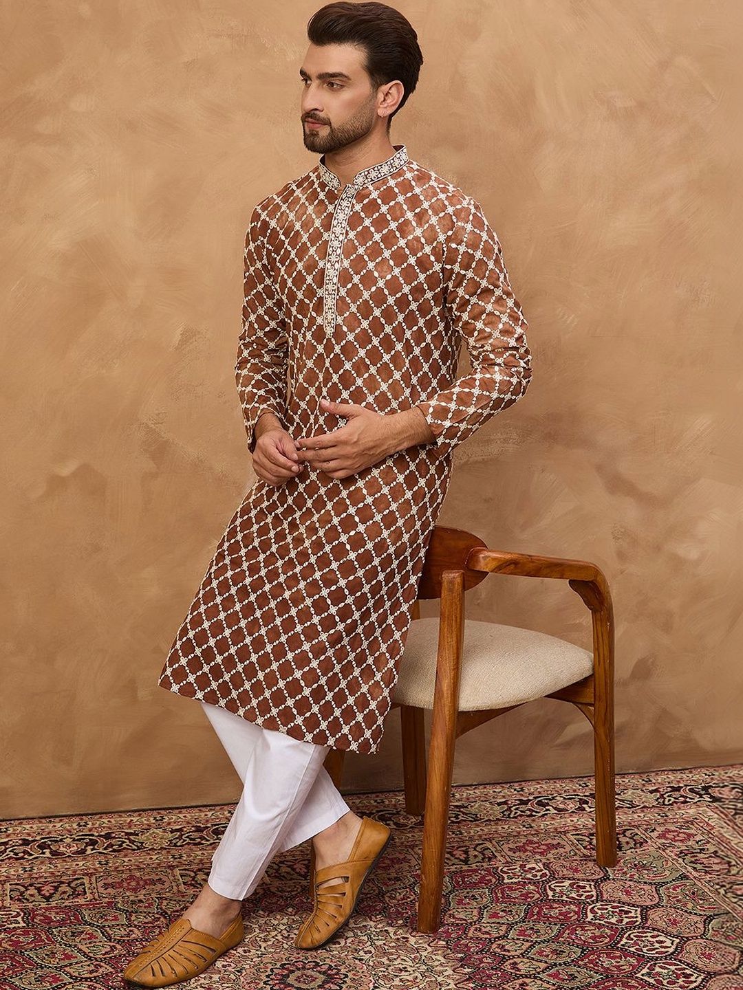 Ethnic Bay Men Brown Viscose Rayon Solid Embroidered Straight Kurta With Pant Set-MKSET1535