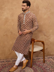 Ethnic Bay Men Brown Viscose Rayon Solid Embroidered Straight Kurta With Pant Set-MKSET1535