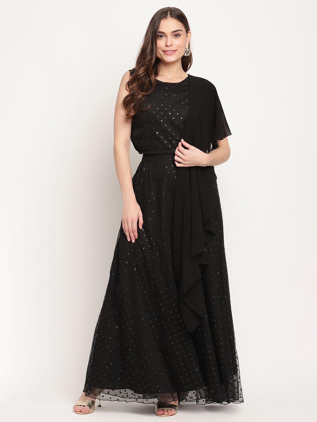 Black Net Glitter Print Top Skirt Set with Dupatta - Lehenga C...