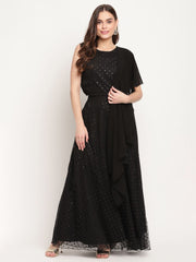 Black Net Glitter Print Top Skirt Set With Dupatta-AHTPDUSK-COMBO-399-FF