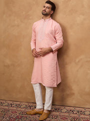 Ethnic Bay Men Peach Silk Blend Solid Solid Straight Kurta With Pant Set-MKSET1506
