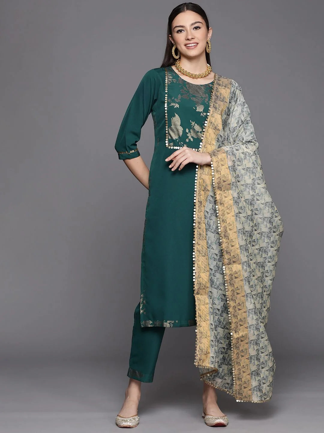 Dark Green Printed Kurta Pant Set With Dupatta-AHKUDUPN-COMBO-545