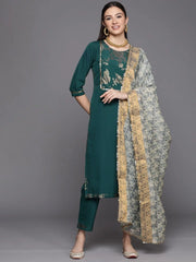 Dark Green Printed Kurta Pant Set With Dupatta-AHKUDUPN-COMBO-545