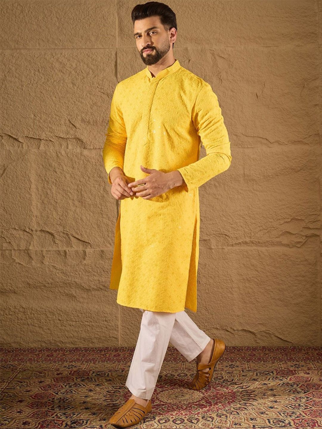 Ethnic Bay Men Yellow Viscose Rayon Solid Embroidered Straight Kurta With Pant Set-MKSET1212