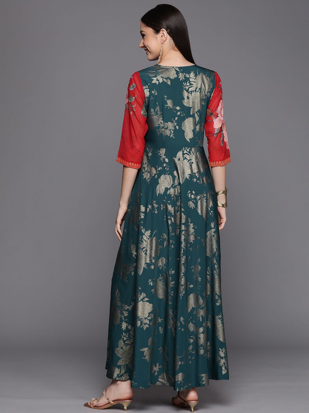 Green & Gold Printed Dress | Indian Dresses Online