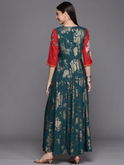 Green & Gold Printed Layered Dress-AHDRCRGRSM-992