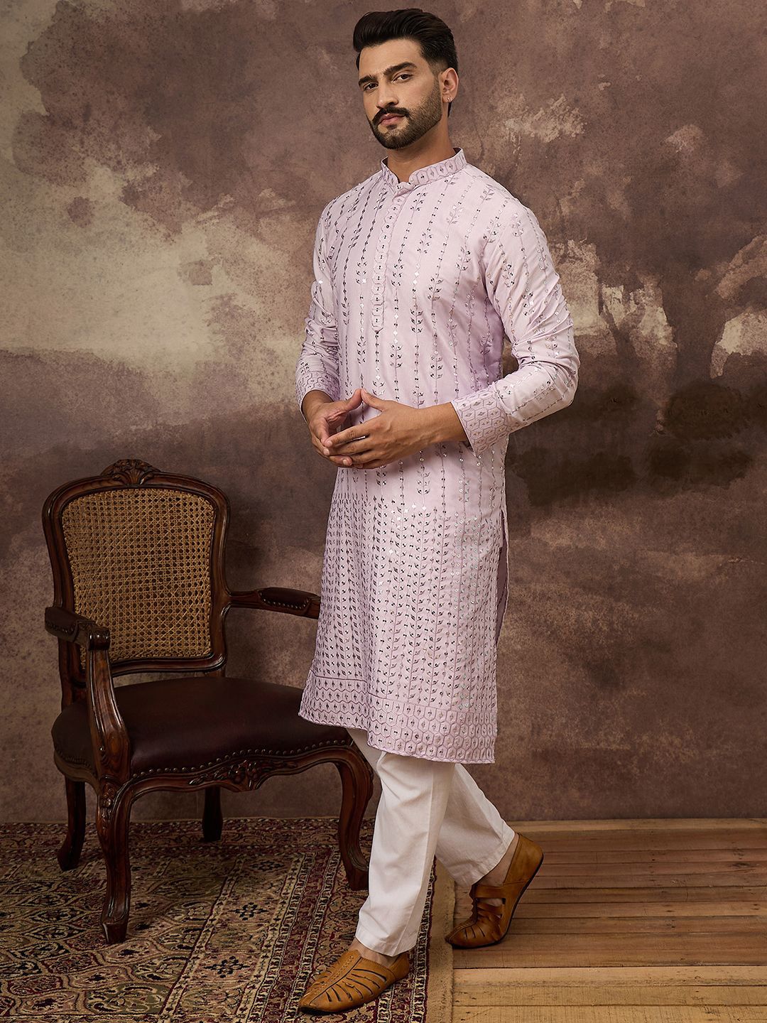 Ethnic Bay Men Lavender Silk Blend Solid Embroidered Straight Kurta With Pant Set-MKSET1359