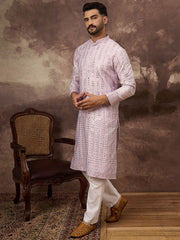 Ethnic Bay Men Lavender Silk Blend Solid Embroidered Straight Kurta With Pant Set-MKSET1359