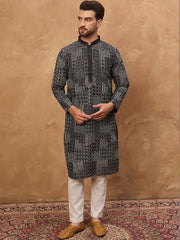 Ethnic Bay Men Black Silk Blend Geometric Printed Straight Kurta With Pant Set-MKSET1528