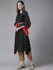 Navy Blue Georgette Gold Printed Kaftan Kurta-AHKFGRFP-6025