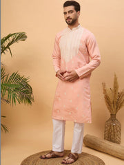 Ethnic Bay Men Peach Silk Blend Solid Embroidered Straight Kurta With Pant Set-MKSET1510