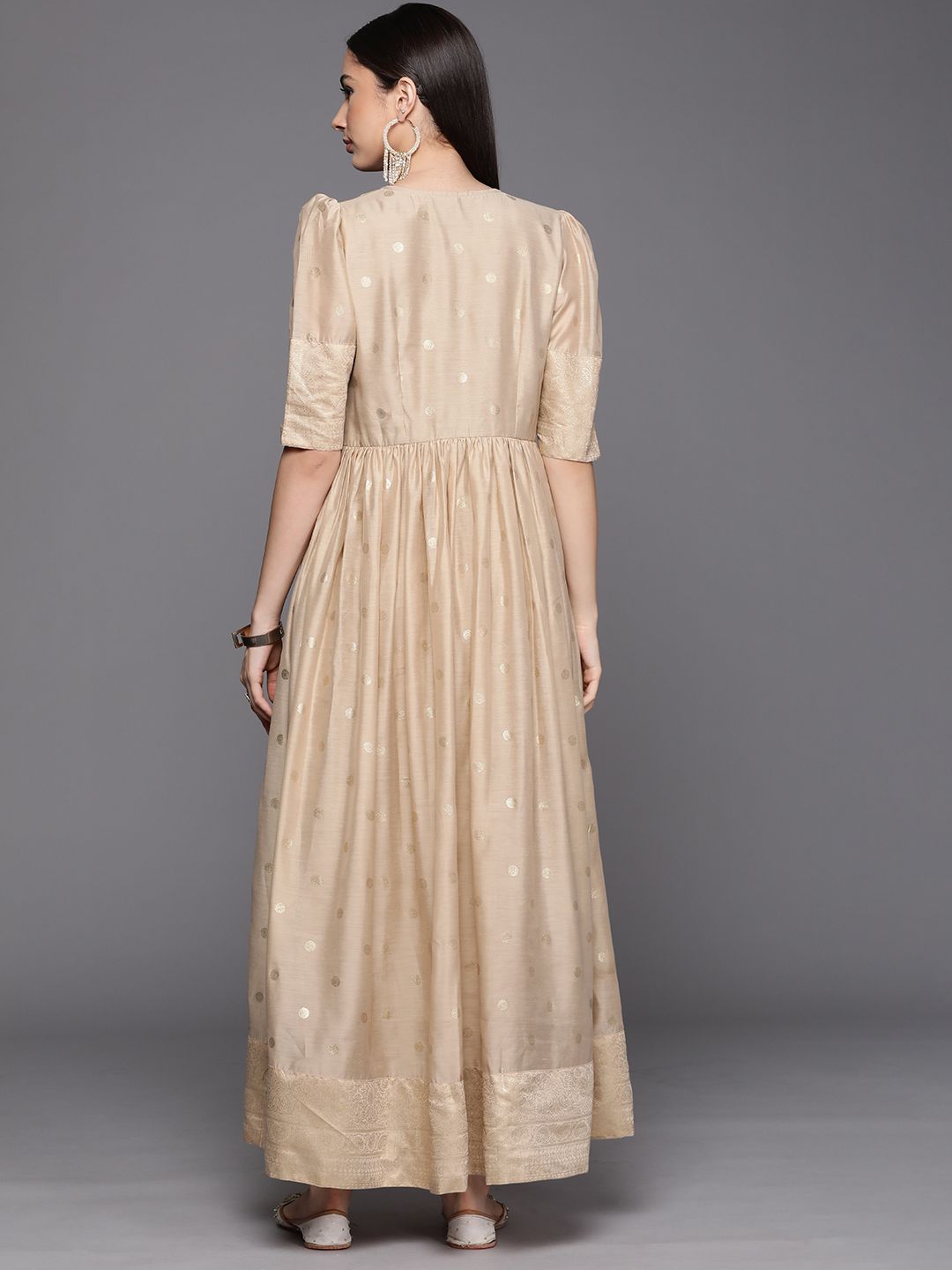 Beige Chanderi Gold Foil Dress | Indian Dresses Online