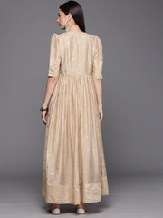 Beige Chanderi Gold Foil Print Dress-AHDRCHGP-996