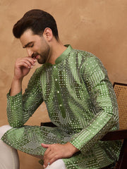 Ethnic Bay Men Green Silk Blend Geometric Printed Straight Kurta With Pant Set-MKSET1530