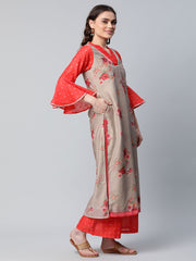 Red & Brown Chanderi Printed Kurta Palazzo Set-AHKUPZ-COMBO-460