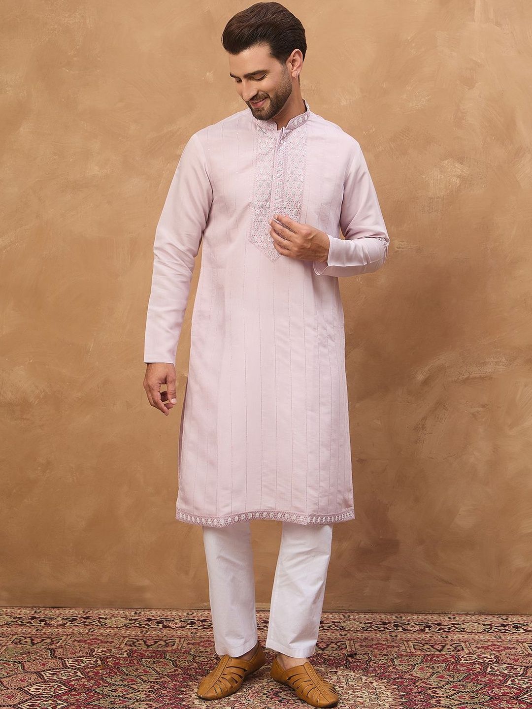 Ethnic Bay Men Lavender Silk Blend Solid Embroidered Straight Kurta With Pant Set-MKSET1449